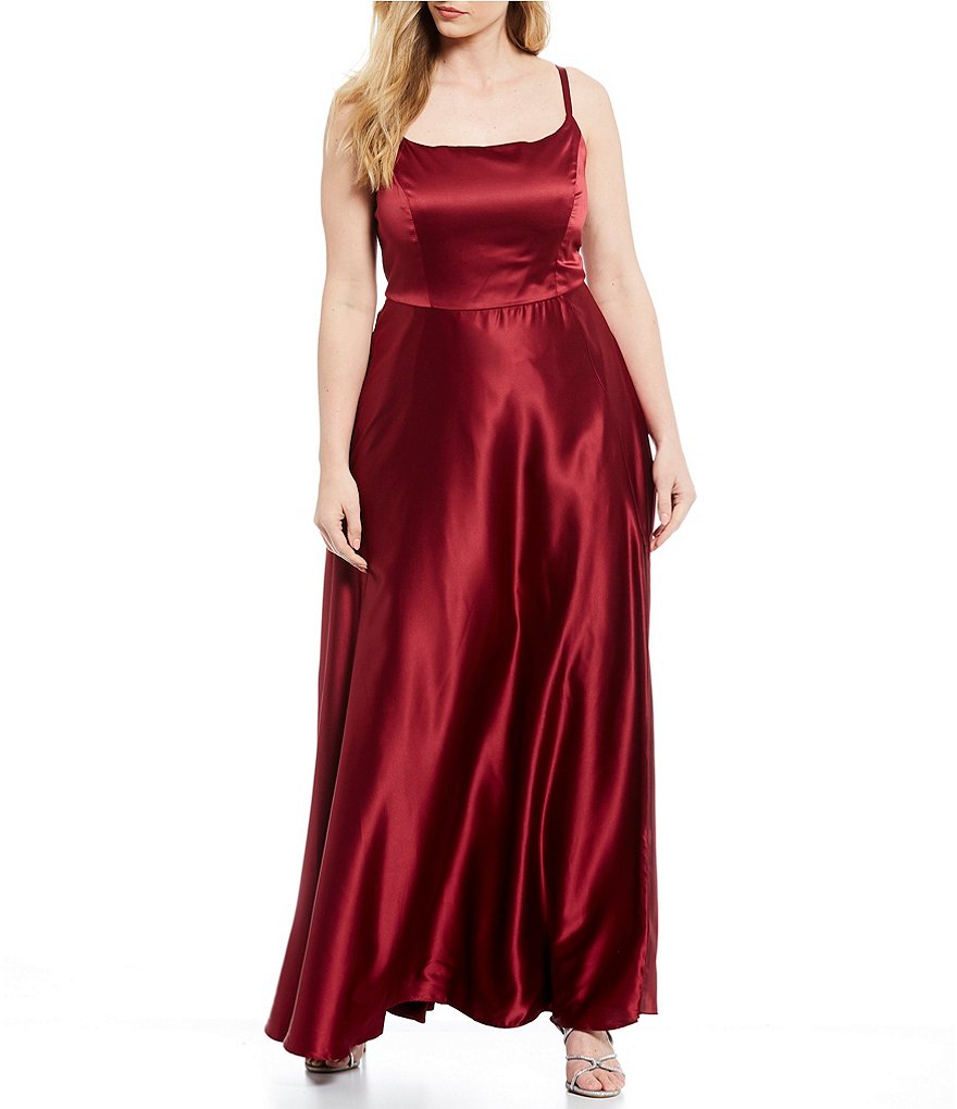 B. Darlin Plus Square Neck Satin Long Dress