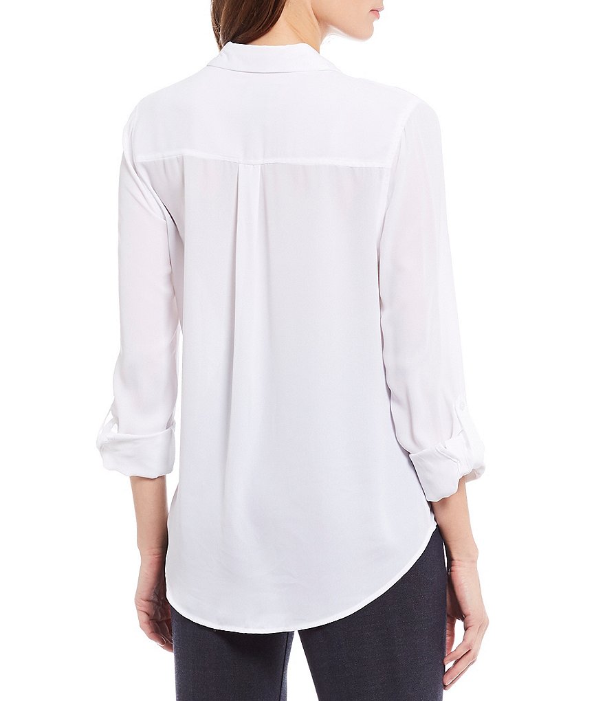 Investments Olivia Machine Washable Point Collar Neck Long Sleeve Button-Front Roll-Tab Utility Blouse