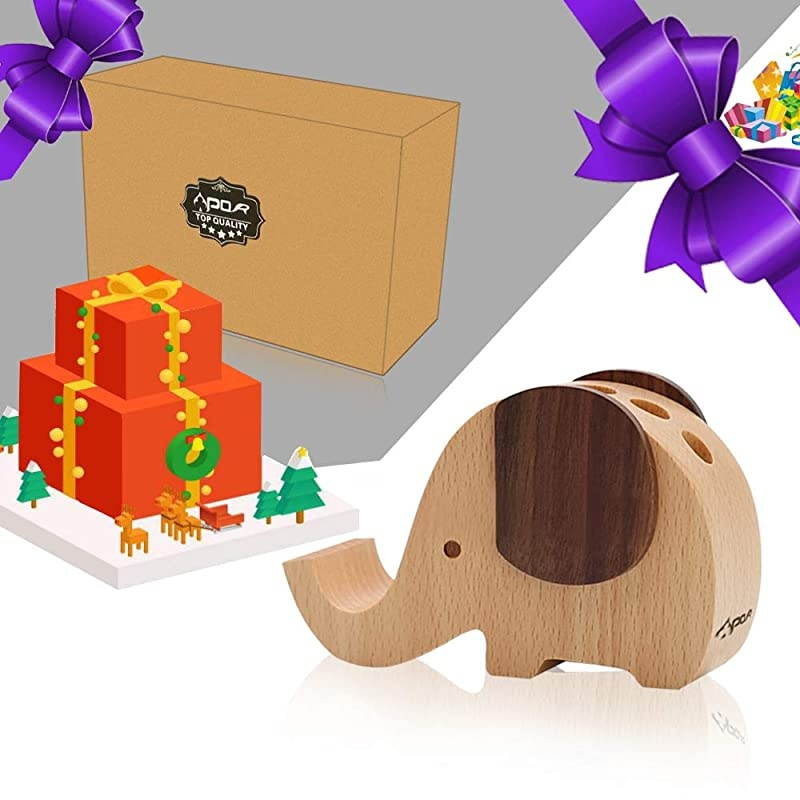 Cell Phone Stand, Wood Made Elephant Phone Stand for Smartphone with Pen Holder Desk Organizer (Small)