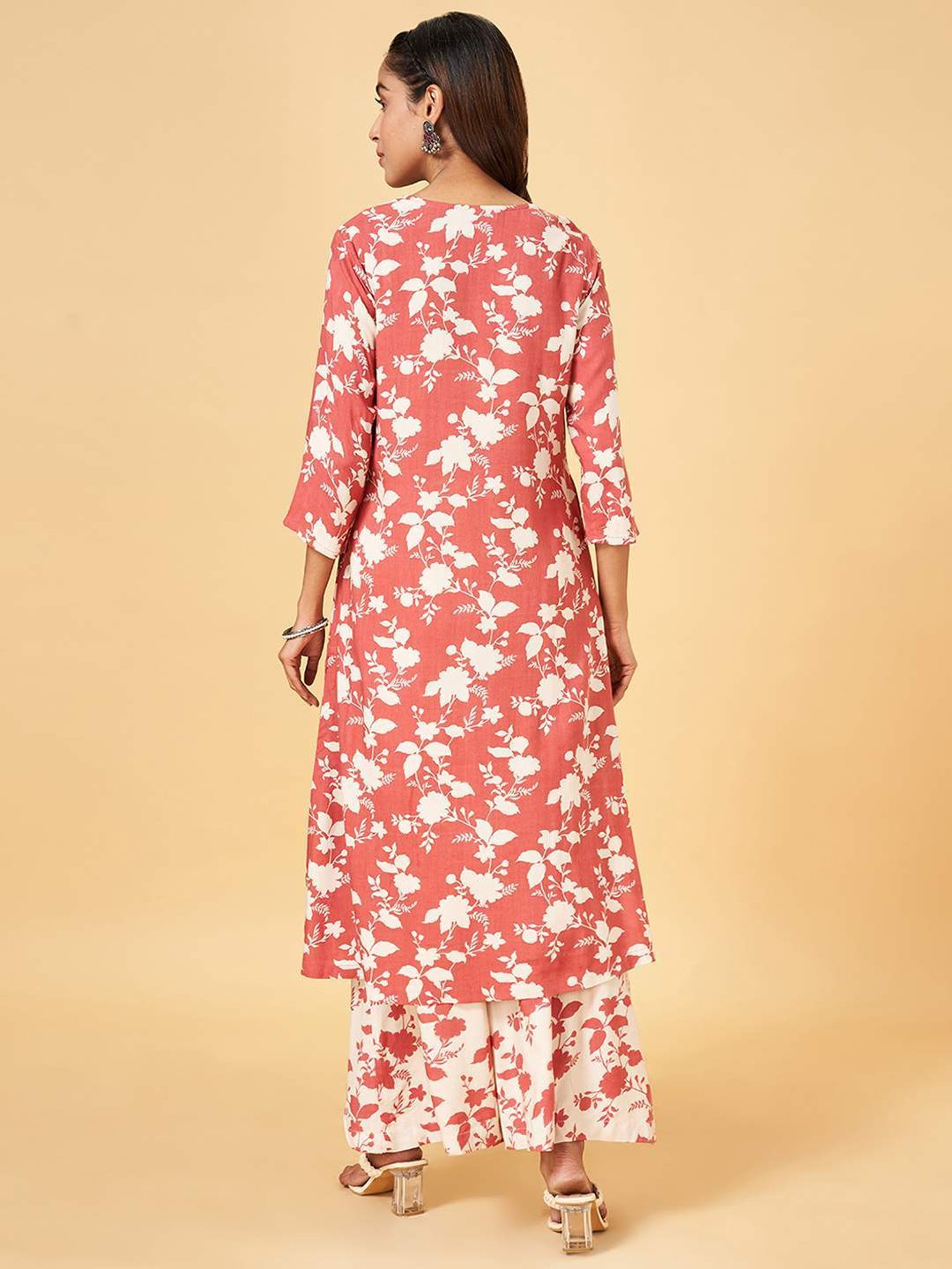 Rangmanch by Pantaloons Peach & White Printed Kurta Palazzo Set