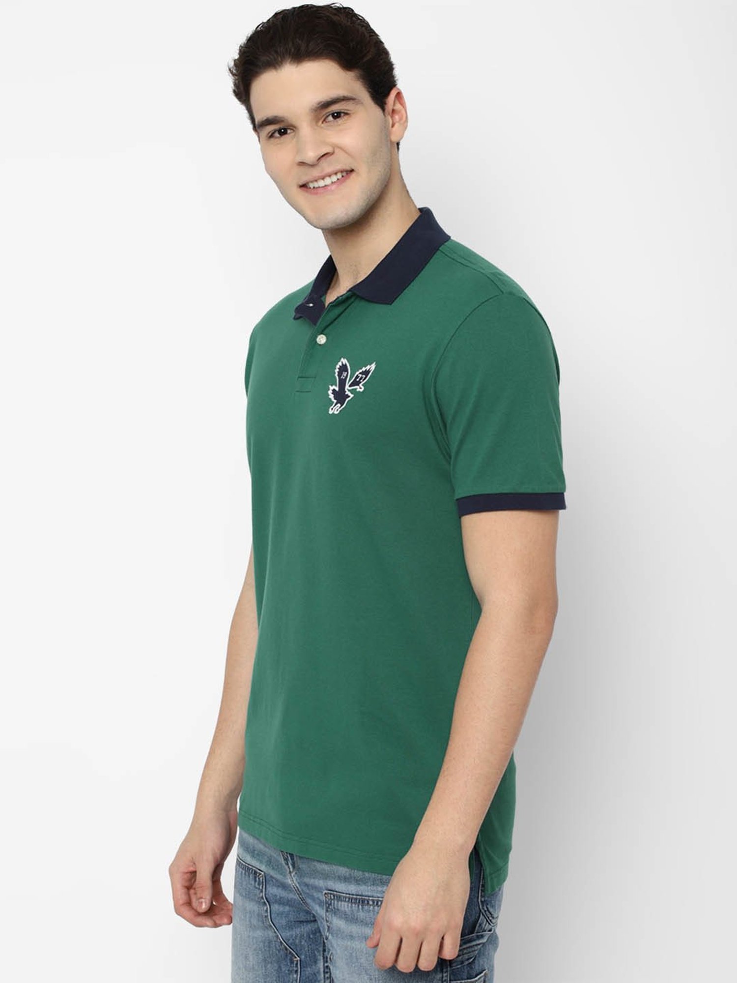 American Eagle Outfitters Green Cotton Regular Fit Colour Block Polo T-Shirt