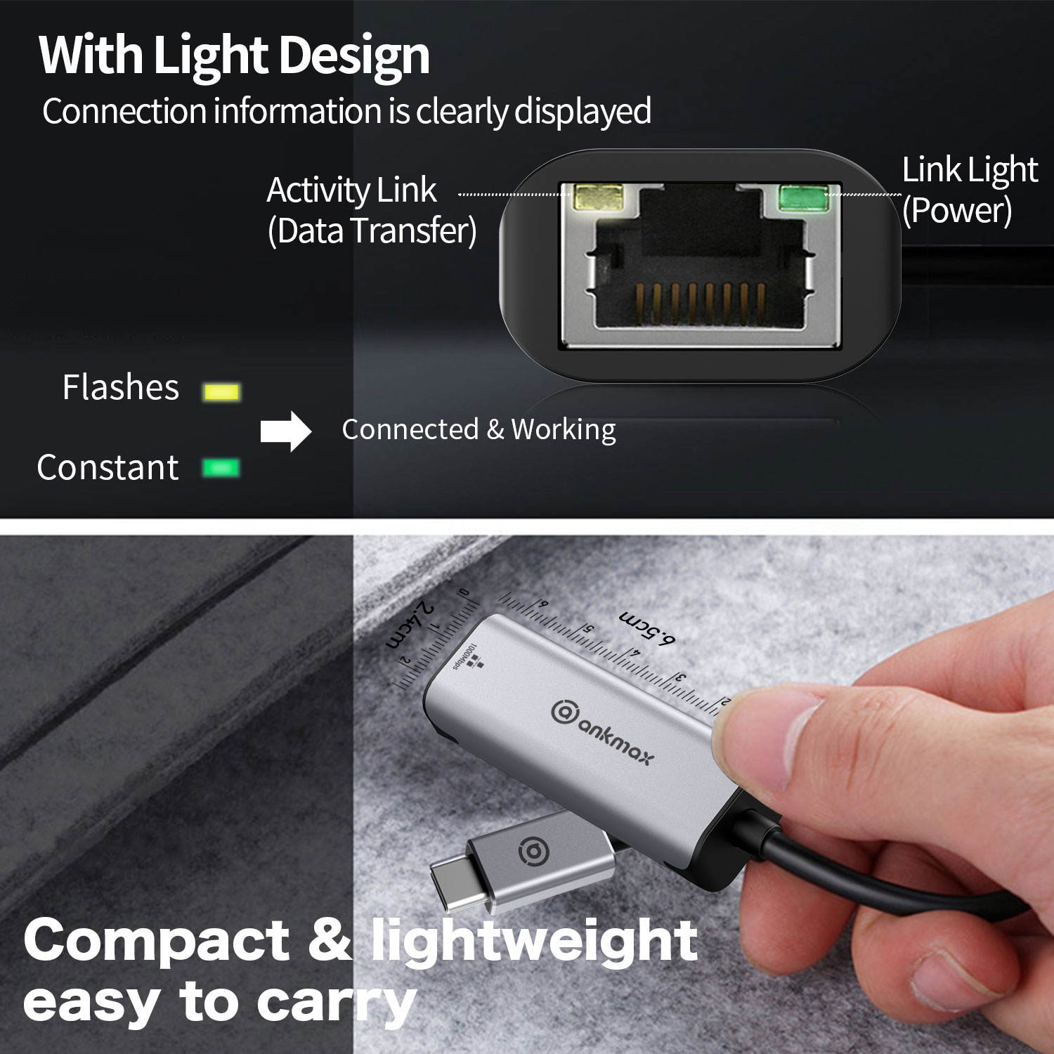 USB C to Gigabit Ethernet Adapter Ankmax UC312G3 USB Type C Wired LAN adapter [RJ45 / Gigabit compatible / Thunderbolt 3] Gigabit Ethernet [Up to 1000 Mbps / No drive required] Compatible with type C