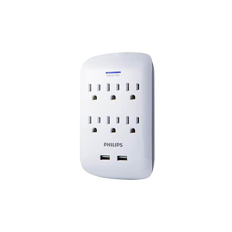 6Outlet 2 USB Surge Protector Wall Tap Adapter Charging Station 3Prong SPP6263WB37 White