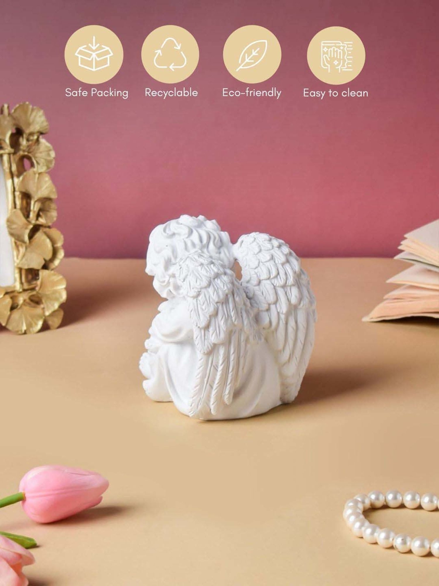 Nestasia Artisanal Small White Sitting Angel Statue with Wings for Living Room Decoration (4.7 Inch)