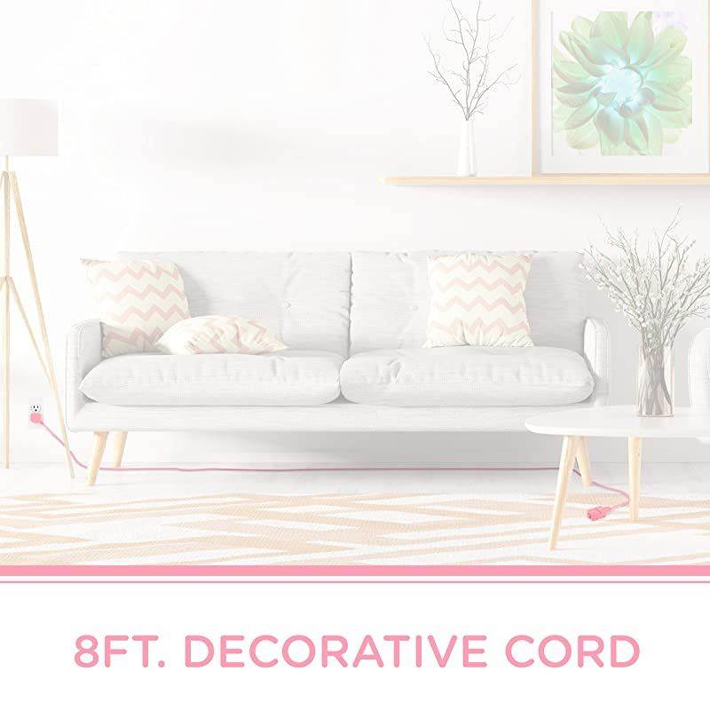 Light Pink Designer 3 Extension 2 Prong Power Strip Extra Long 8 Ft Cable with Flat Plug Braided Chevron Fabric Cord SlidetoLock Safety Outlets 39986 8 ft 8 Ft