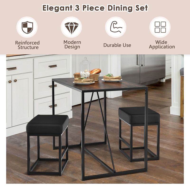 Costway 3pcs Dining Set Metal Frame Kitchen Table and 2 Stools Home Breakfast