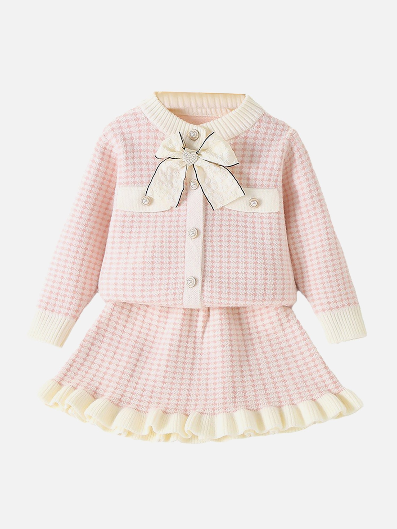 Little Surprise Box Kids Pink & Cream Self Design Full Sleeves Cardigan with Skirt