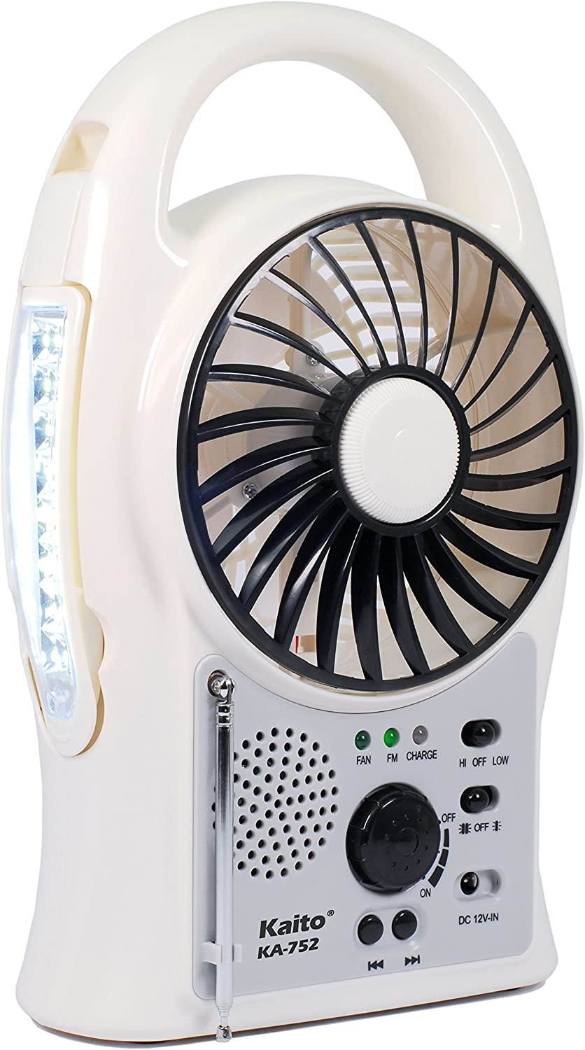 Kaito Portable Electric Fan 3-in-1 KA752 Rechargeable 5" 2-Speed Battery-Powered Personal Fan with Scan FM Radio & 24-LED Camping Lantern