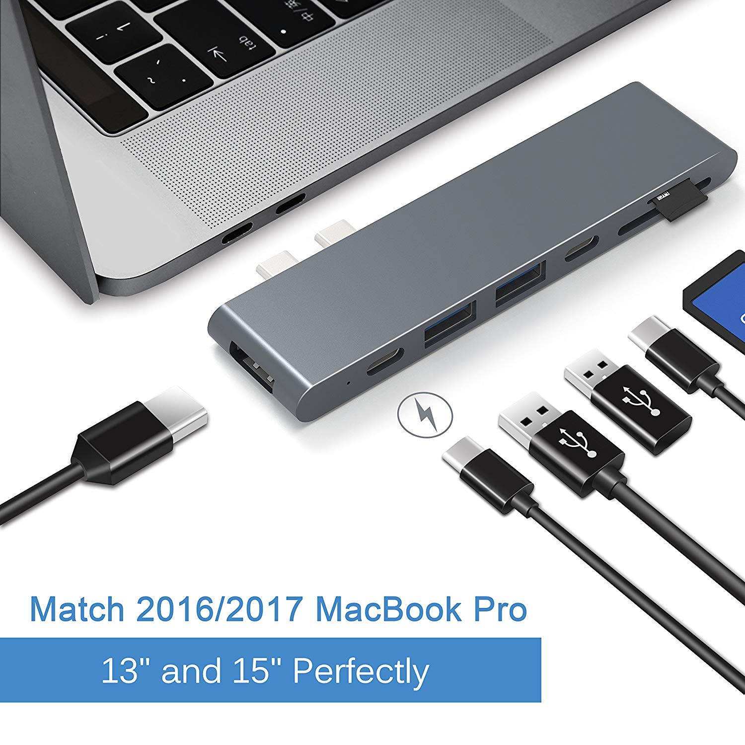Cateck Aluminum Type-C Multi-Port Adapter with Superspeed 40Gbs Thunderbolt 3, Pass-Through Charging, 4k HDMI, SD/Micro SD Card Reader, USB-C Port and 2 USB 3.0 Ports for MacBook Pro
