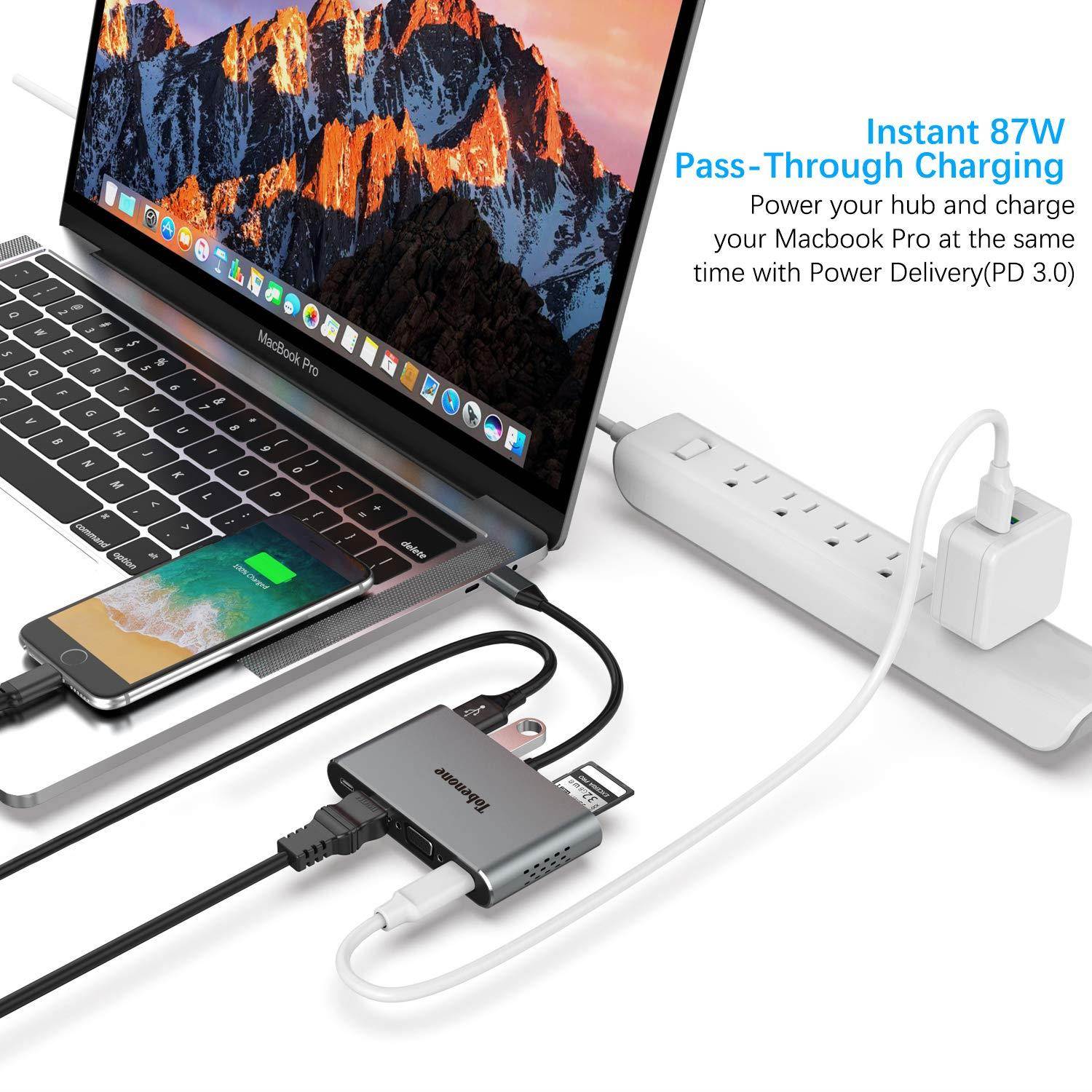 Tobenone USB C to HDMI VGA Hub, 8-in-1 USB C Adapter with 4K HDMI, 2K VGA, 2 x USB 3.0, USB-C 87W Charging Power Delivery, 10/100/1000Mbps RJ45 Enternet, SD/Micro SD Card Reader