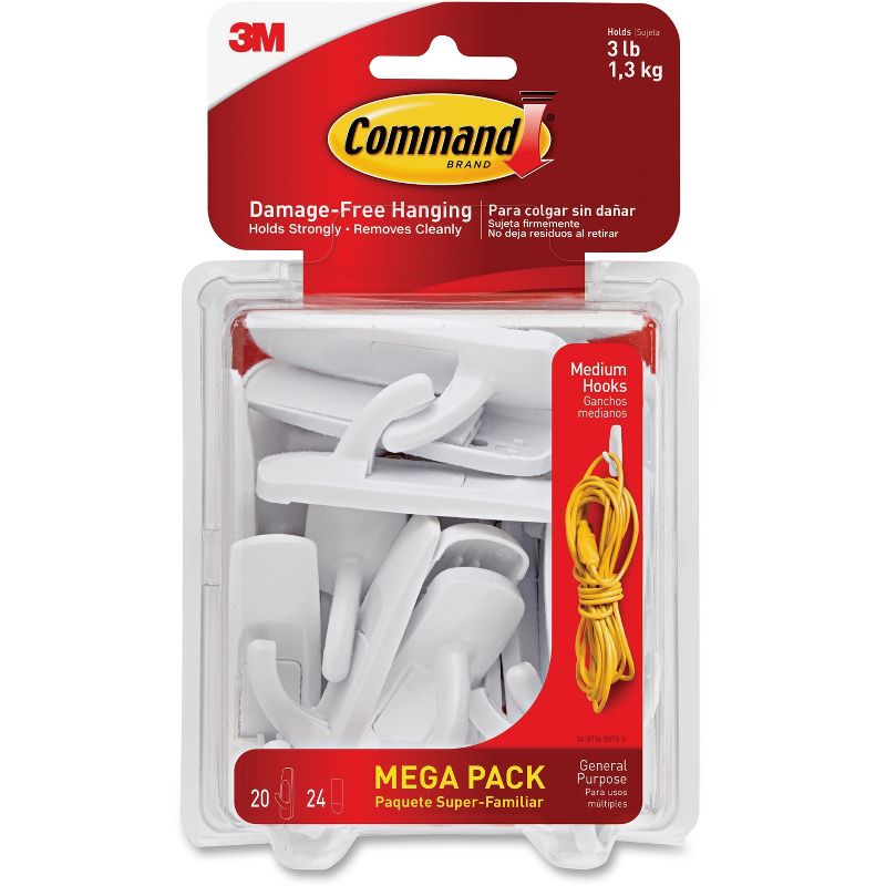 Command General Purpose Hooks 3lb Capacity Plastic White 20 Hooks 24 Strips/Pack 17001MPES
