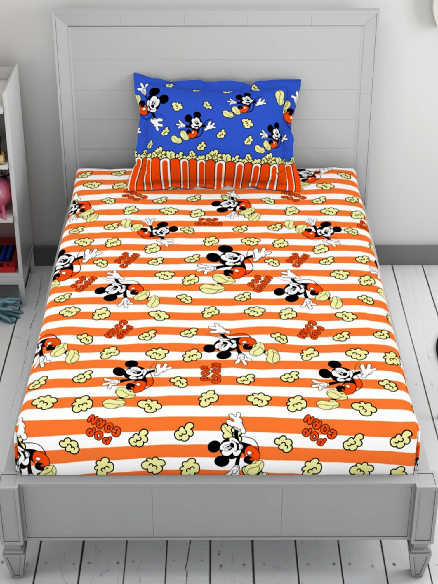 Welspun Disney Mickey Printed Orange 144 TC Cotton Single Bedsheet With 1 Pillow Covers