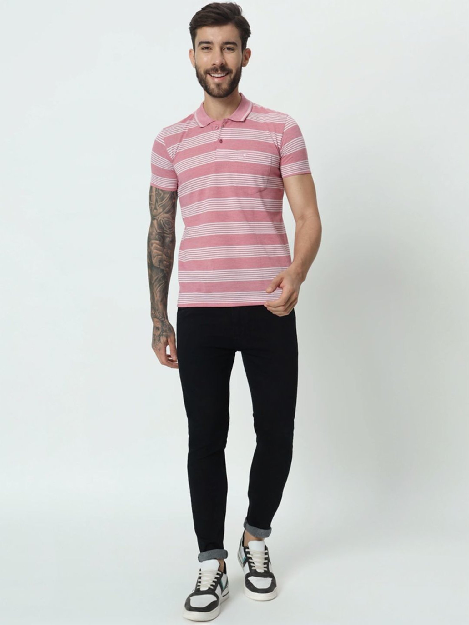 Tab91 Pink Regular Fit Striped Polo T-Shirts