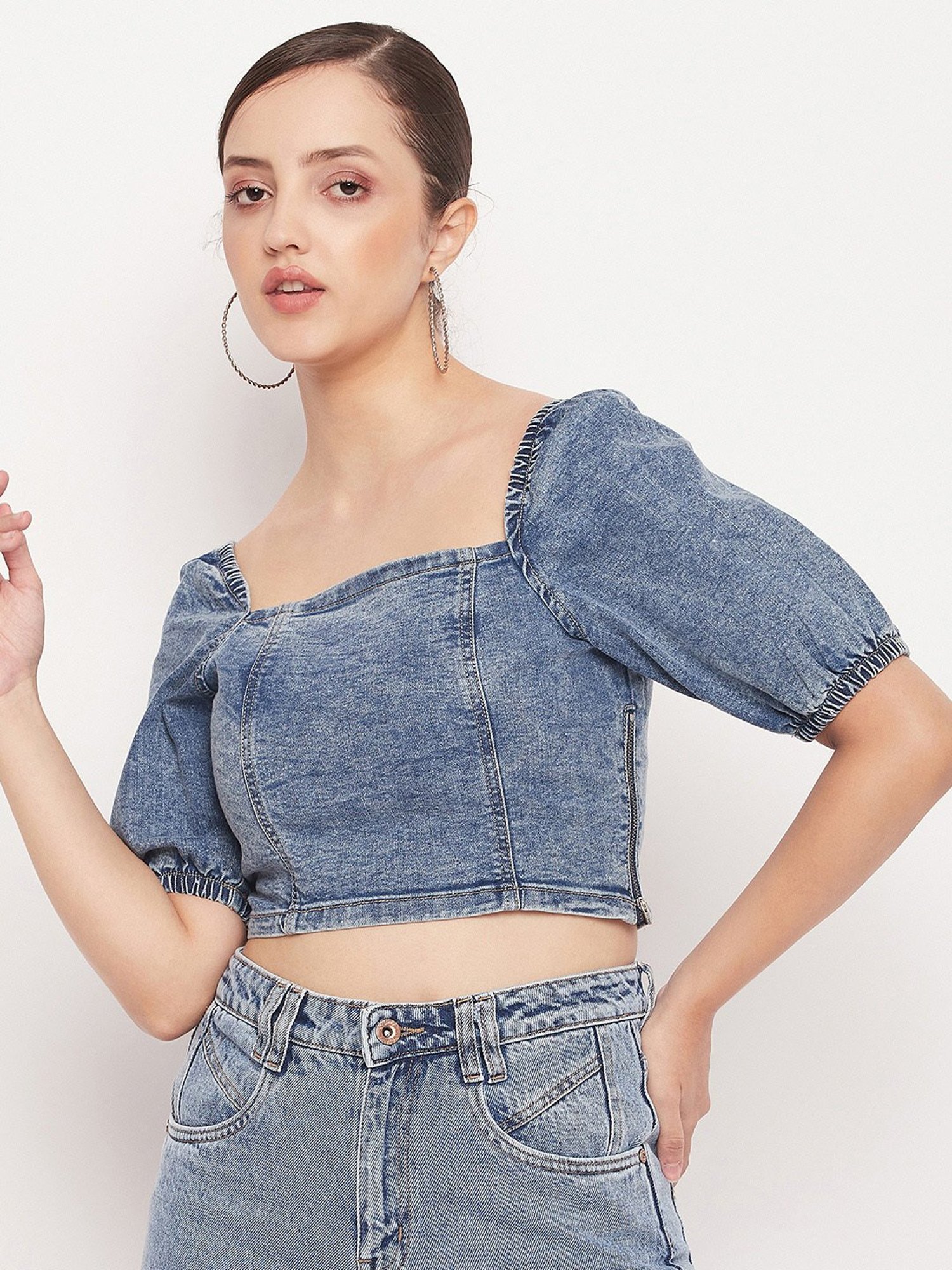 MADAME Blue Slim Fit Crop Top