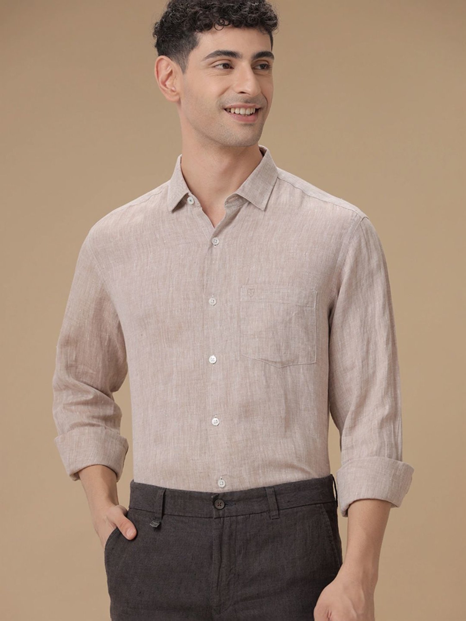 Linen Club Beige Linen Contemporary Fit Texture Shirt