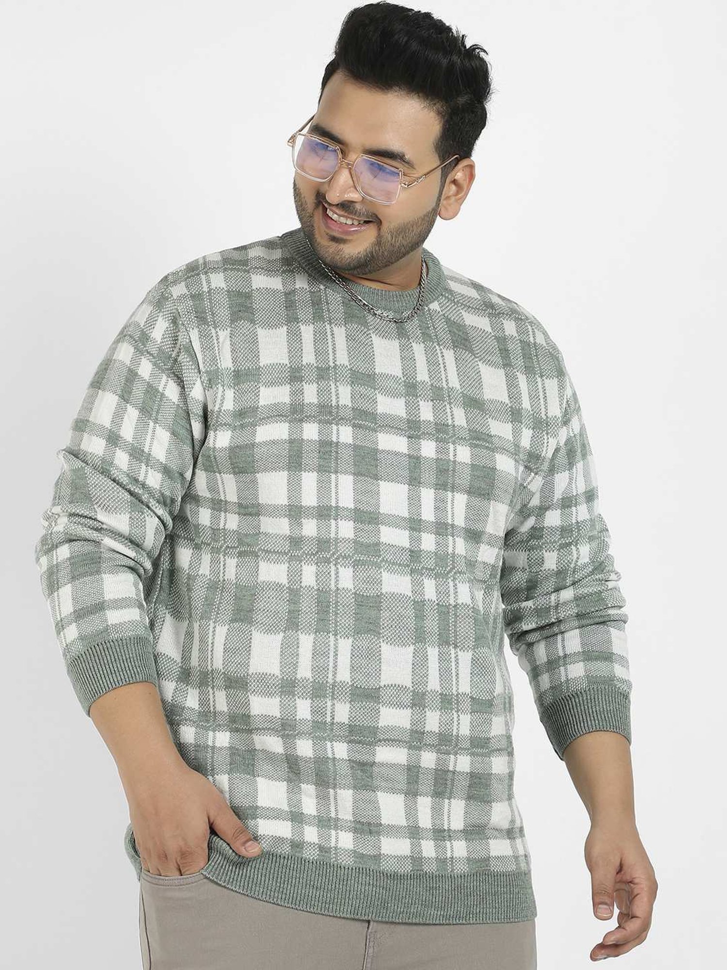 Instafab Plus Green Regular fit Checks Plus Size Sweater
