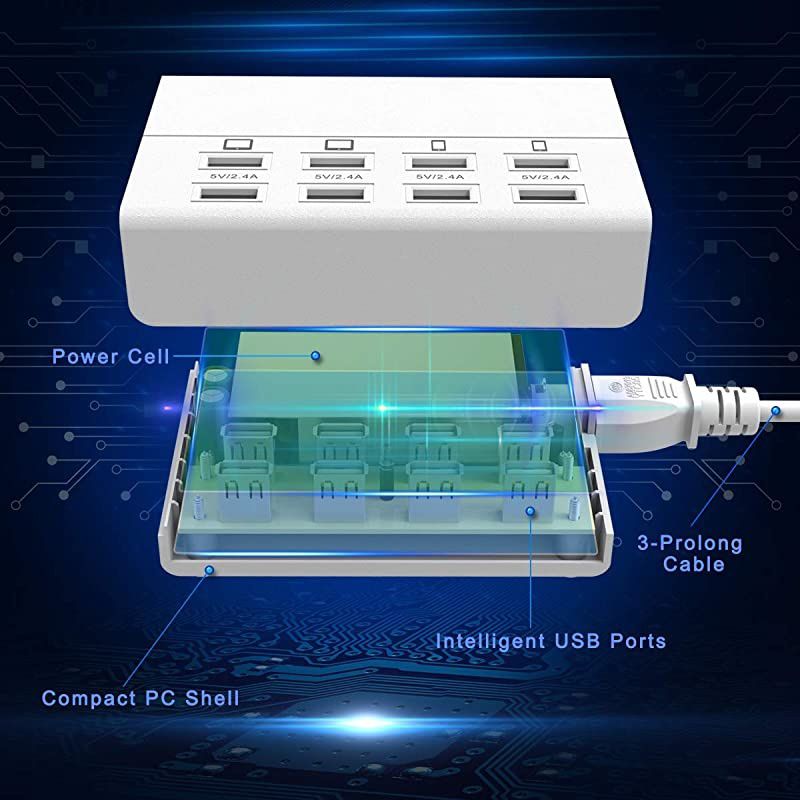 USB Charger  8 Ports Charging Station 50W10A Multi Port USB Charging Hub for Multiple Devices 5ft Cord White