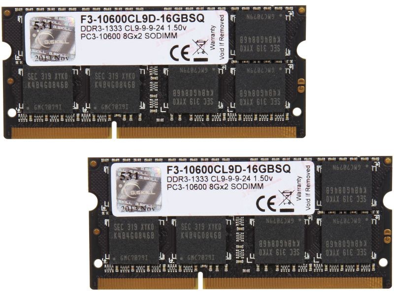 G.SKILL 16GB (2 x 8GB) 204-Pin DDR3 SO-DIMM DDR3 1333 (PC3 10600) Laptop Memory Model F3-10600CL9D-16GBSQ
