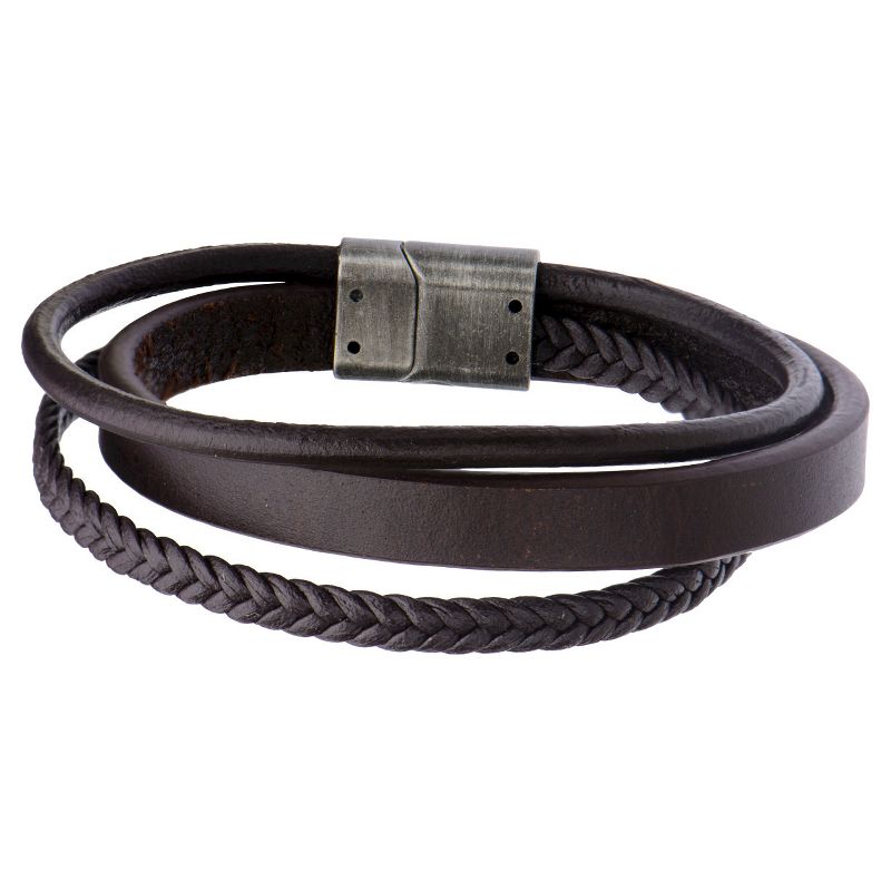 Men's Steel Art Brown Braid and Layered Leather Bracelet with Stainless Steel Clasp (8.75")