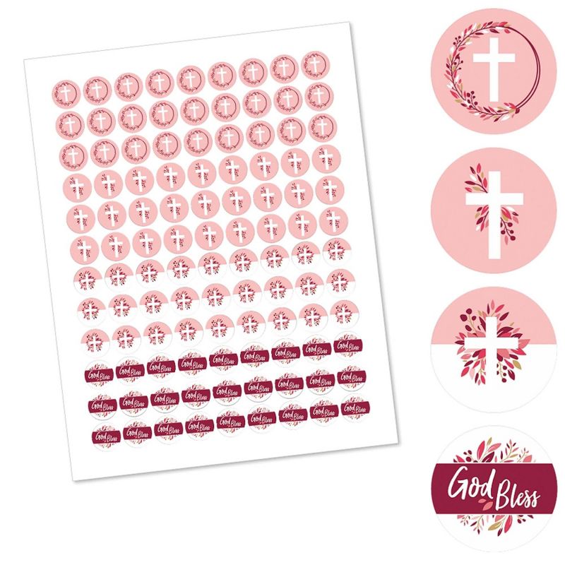 Big Dot of Happiness Pink Elegant Cross - Girl Religious Party Round Candy Sticker Favors - Labels Fit Hershey's Kisses (1 sheet of 108)