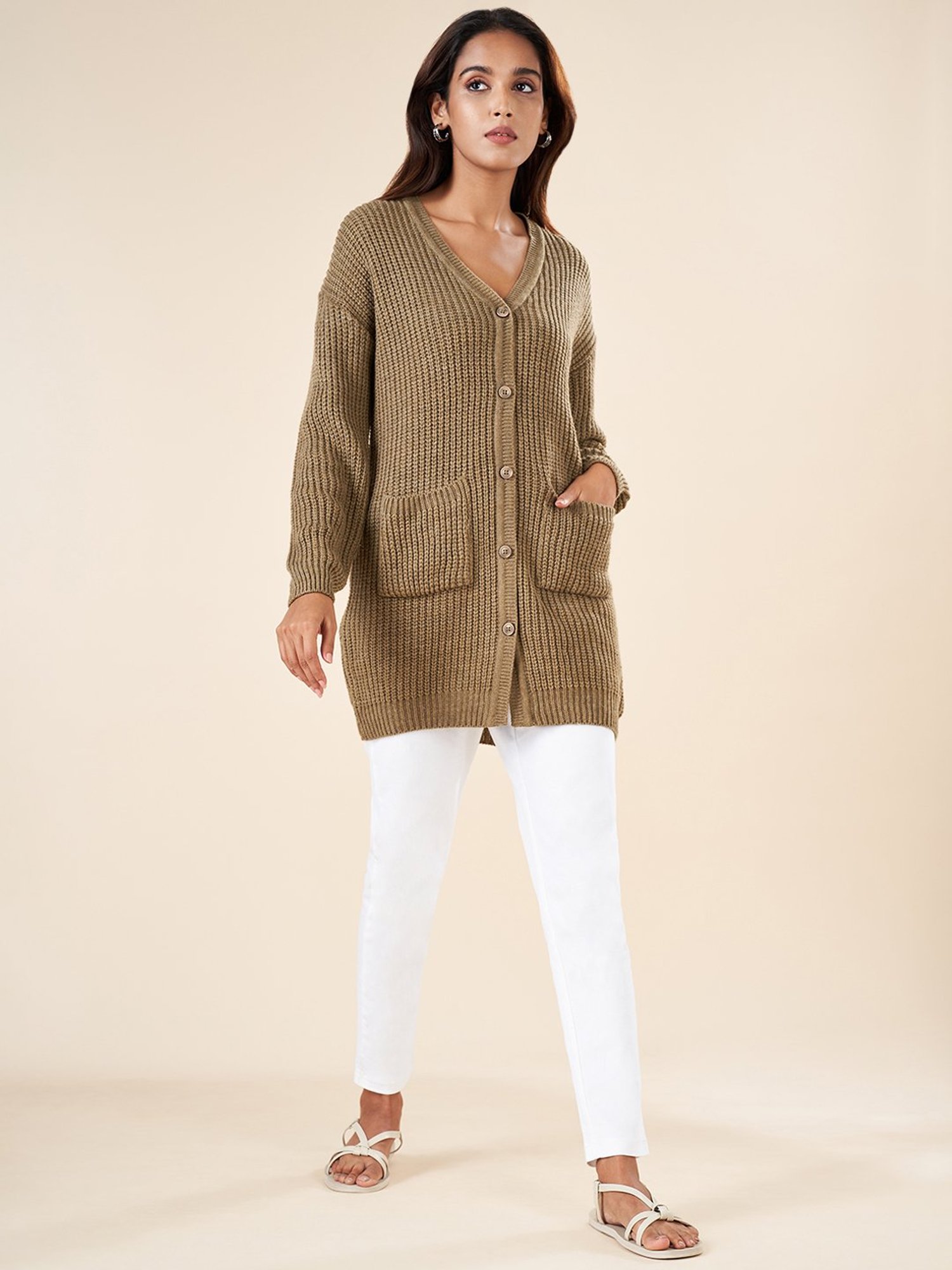 Akkriti by Pantaloons Beige Crochet Pattern Cardigan