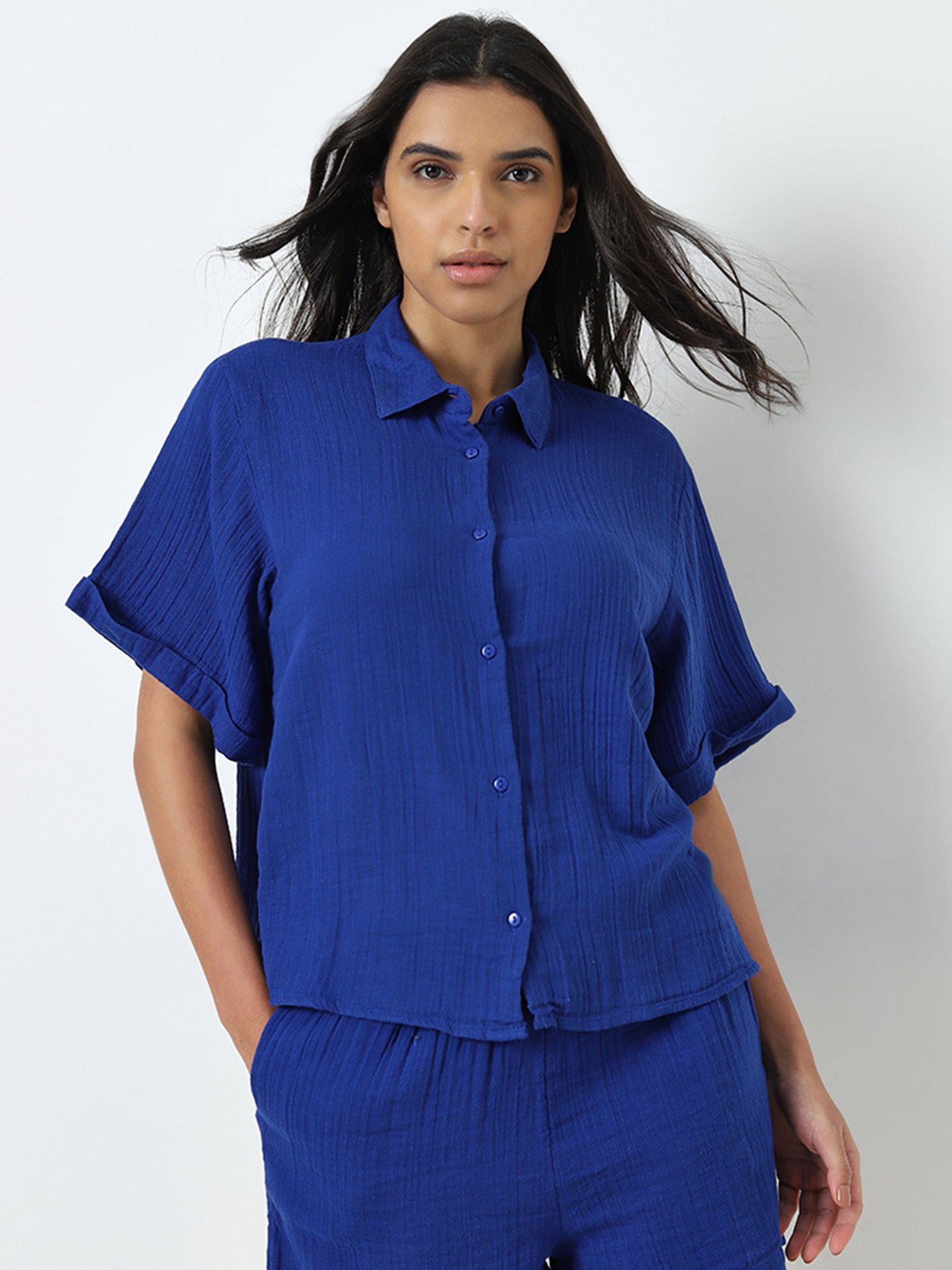 Wunderlove by Westside Blue Crinkle Cotton Beach Shirt