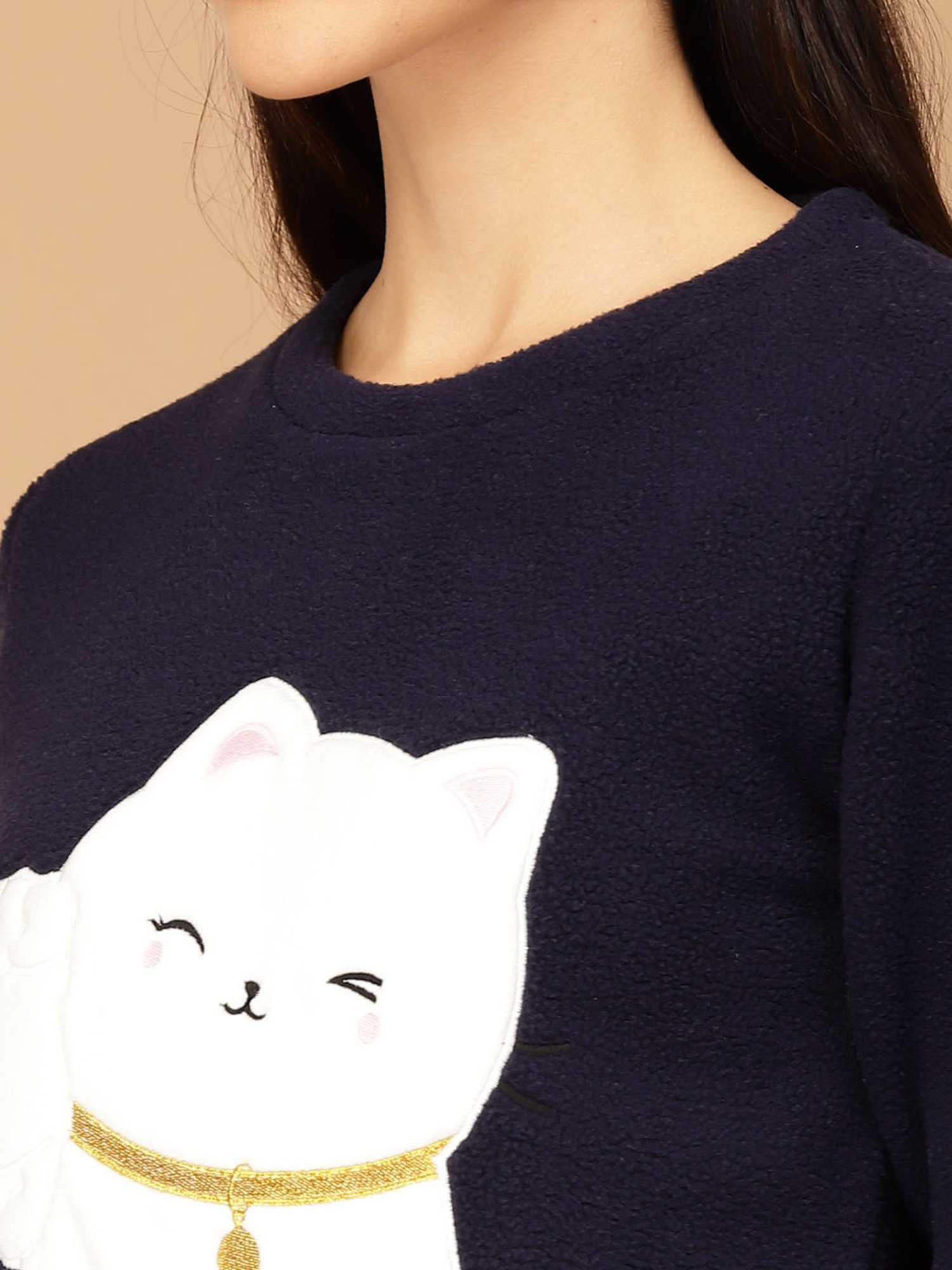 Sweet Dreams Navy Fleece Printed Winterwear Top With Pyjamas