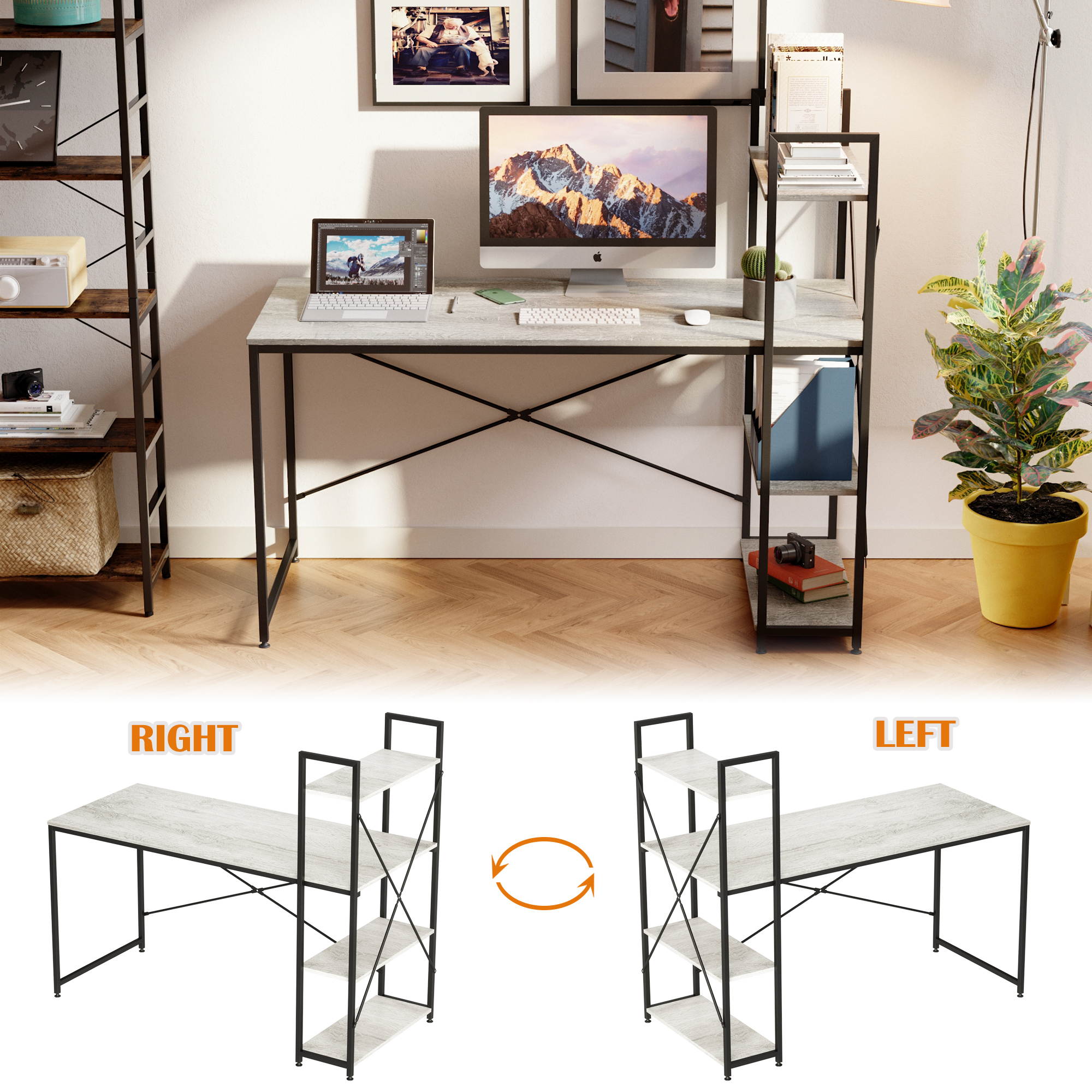 Bestier 63 Inch Computer Desk with Storage Shelves, Modern Bookshelf Desk with Headphone Hook Large Workstation Writing Desk with Reversible Bookshelves Home Office Work Table Study Desk Grey