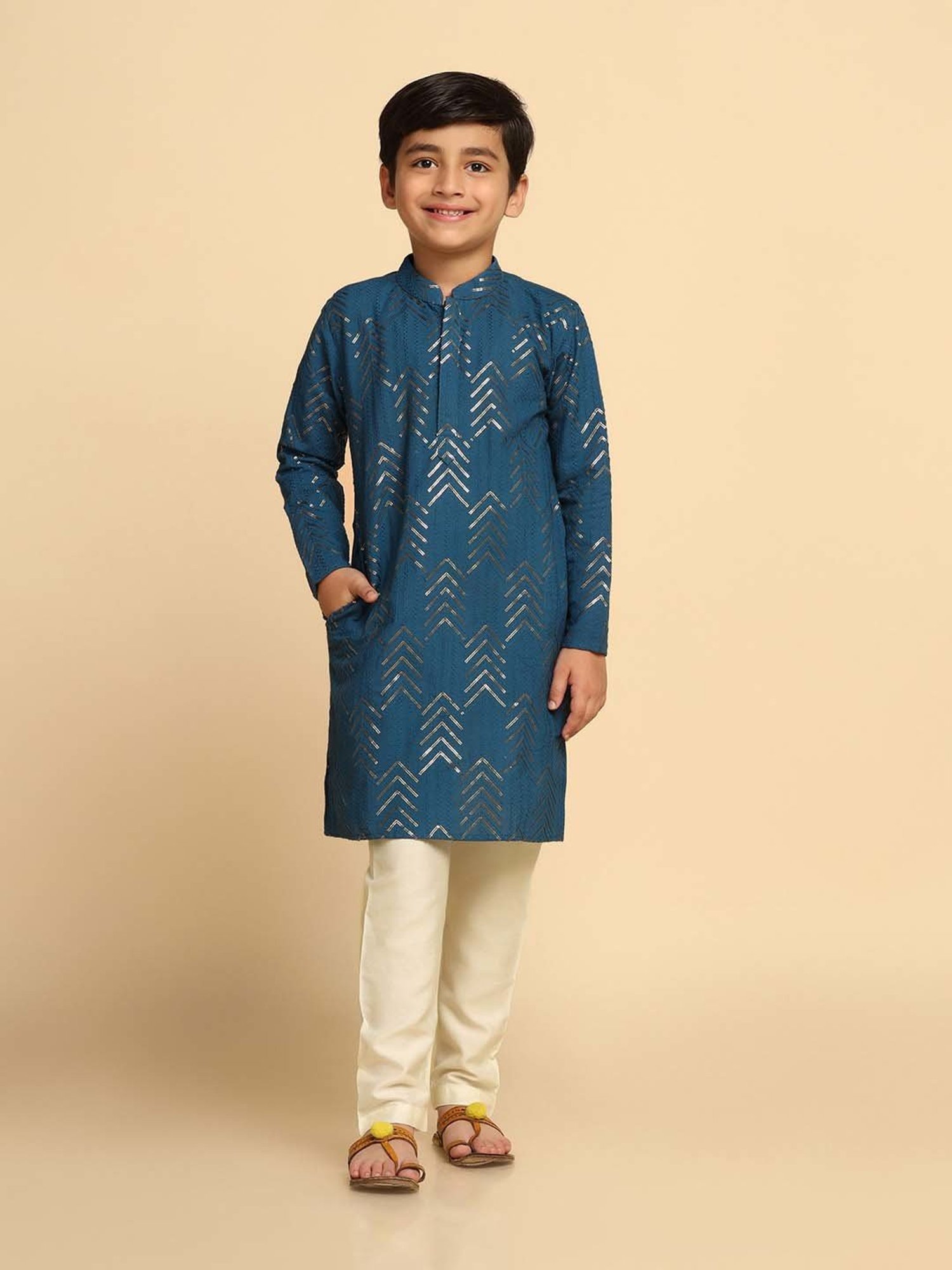 KISAH Kids Blue & White Cotton Embroidered Full Sleeves Kurta Set