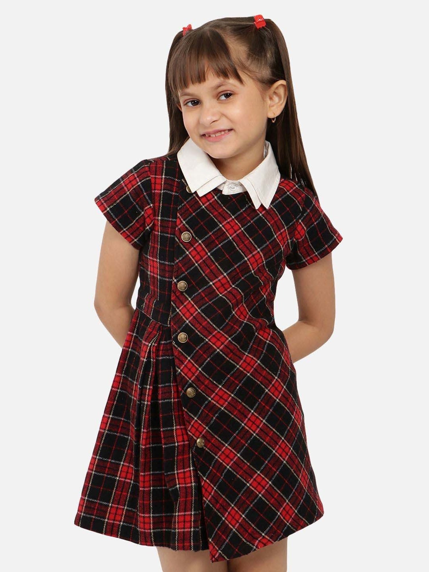 Nauti Nati Kids Red & Black Cotton Chequered Dress