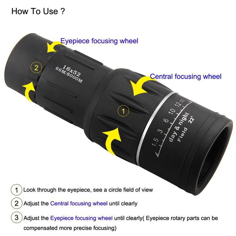HD Telescope Camera 16X52 BAK4 Hunting Monocular Zoom Travel High Power Magnification Quality Binoculars Bird Watching Spyglass