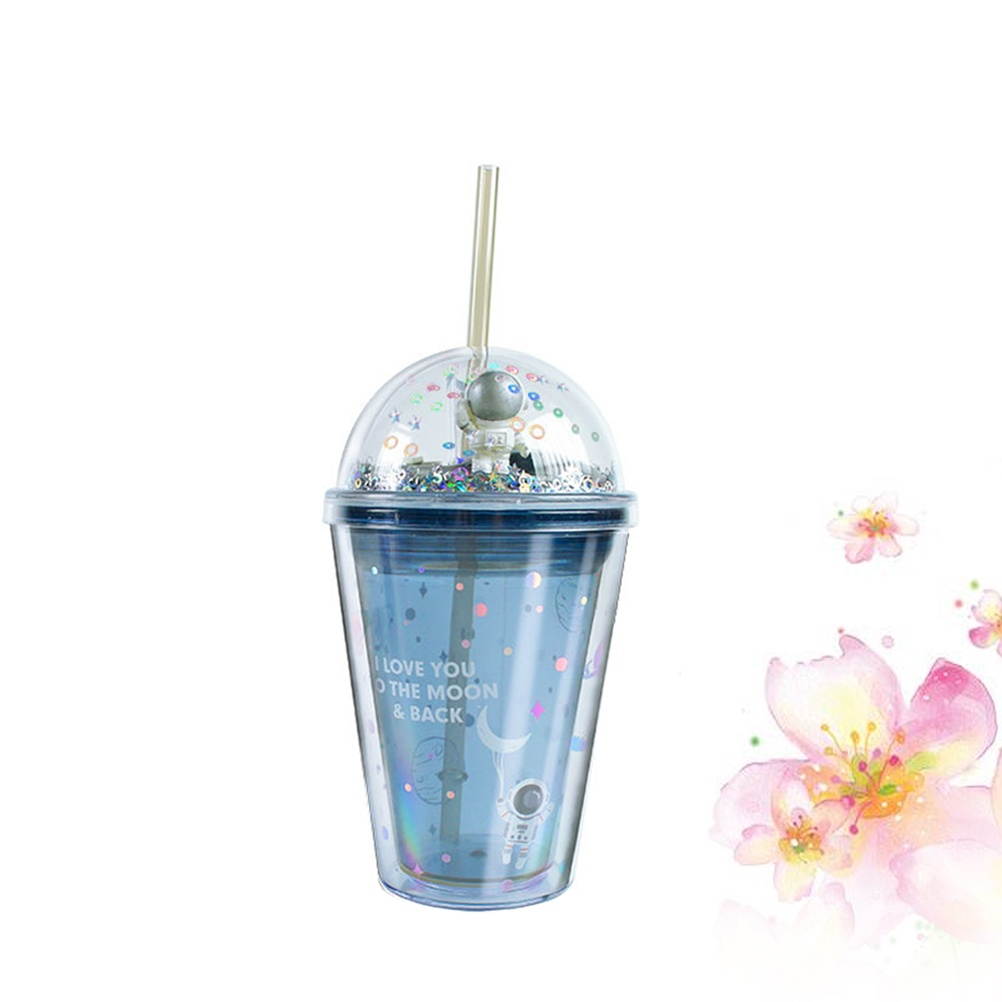 1pc Plastic Cup Cartoon Straw Cup Portable Double Layer Drinking Cup Creative Space Odyssey Pattern Bottles(380ml)