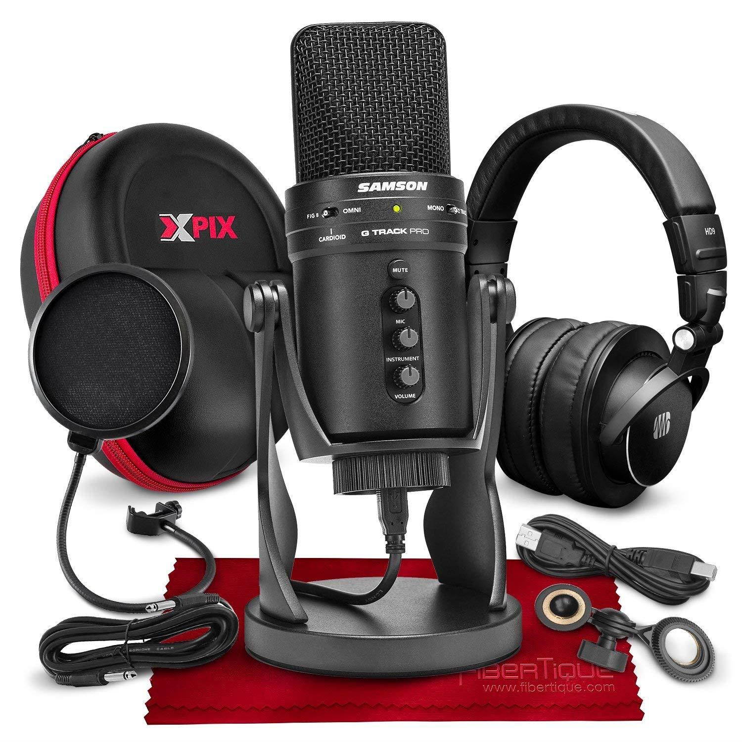 Samson G-Track Pro Professional USB Condenser Microphone w/Audio Interface Bundled with PreSonus HD9 Pro Headphones, Mic Pop Filter, Headphones Case, and Accessories