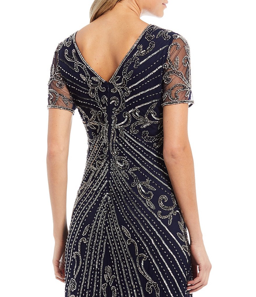 Pisarro Nights Long Beaded Illusion Neck Short Sleeve Gown