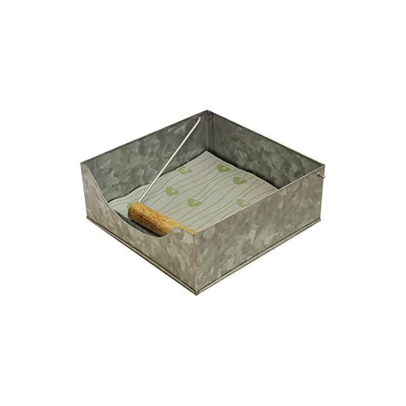 Napkin Holder Organizer with Wood Weighted Arm | Raw Tin Tissue Dispenser for Multiple Size Paper Napkins | Silver color Decorative Napkin Organizer for Dining Table Kitchen Bathroom