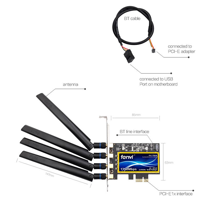 T919 MacOS Hackintosh PCI-E Wifi Bluetooth 4.0 Adapter 1750Mbps Wireless BCM94360CD Wi-Fi Card For PC, Up to 1300Mbps (5Ghz) + 450Mbps(2.4Ghz), 802.11ac, Airdrop / Handoff, 4 High Gain Antennas