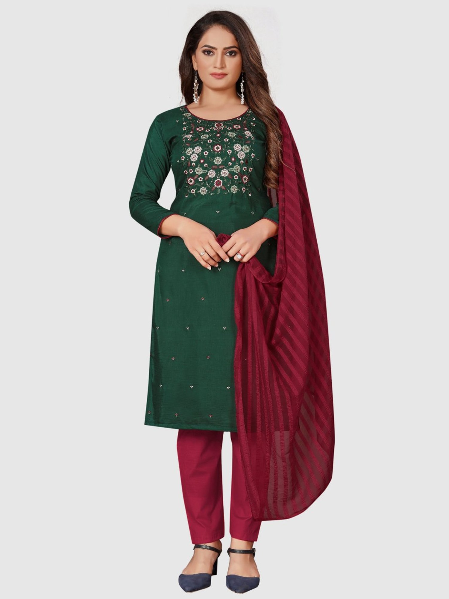 APNISHA Green Cotton Embroidered Unstitched Dress Material