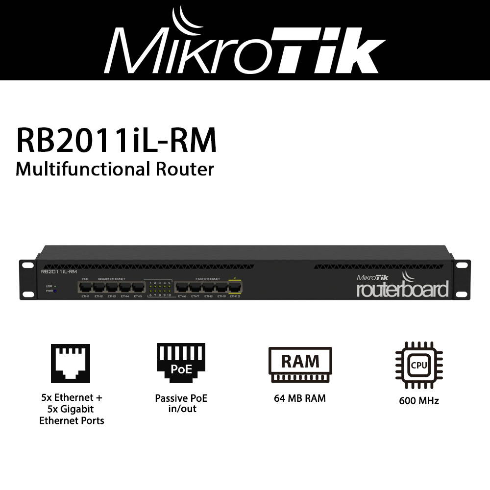 MikroTik - RB2011IL-RM - 600MHz 64MB 5x LAN PoE out for port# 10