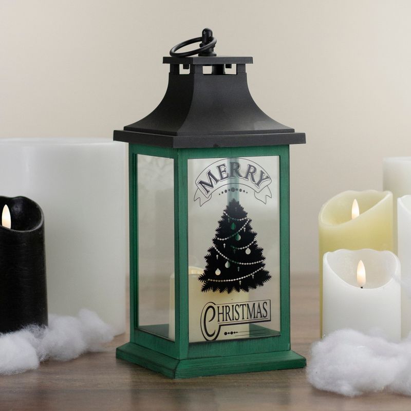 Northlight 12" Green and Black LED Candle With Christmas Tree Tabletop Lantern