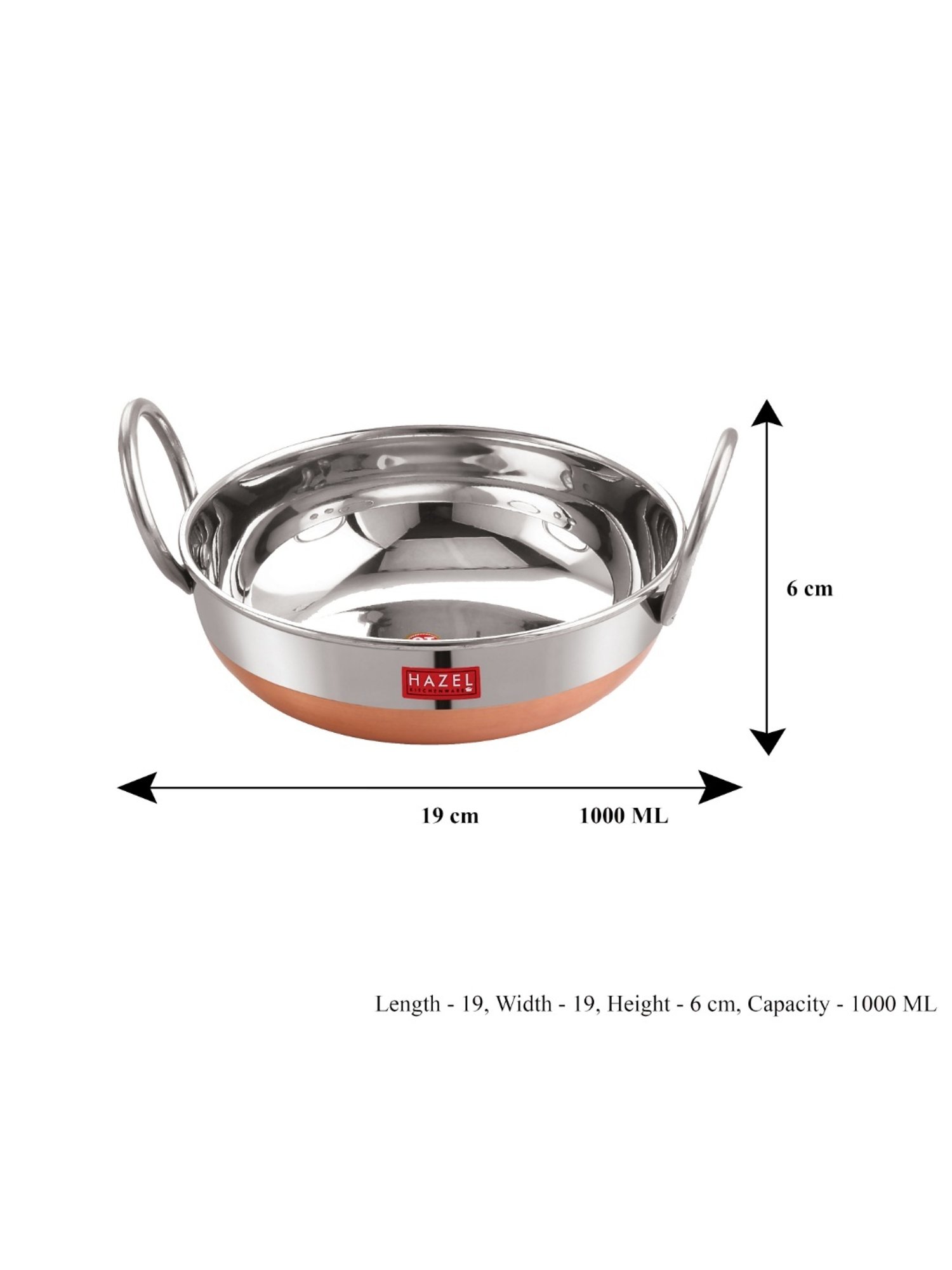 HAZEL Alfa Premium Heavy Gauge Stainless Steel Kadai with Copper Bottom (1 ltr), Silver & Copper
