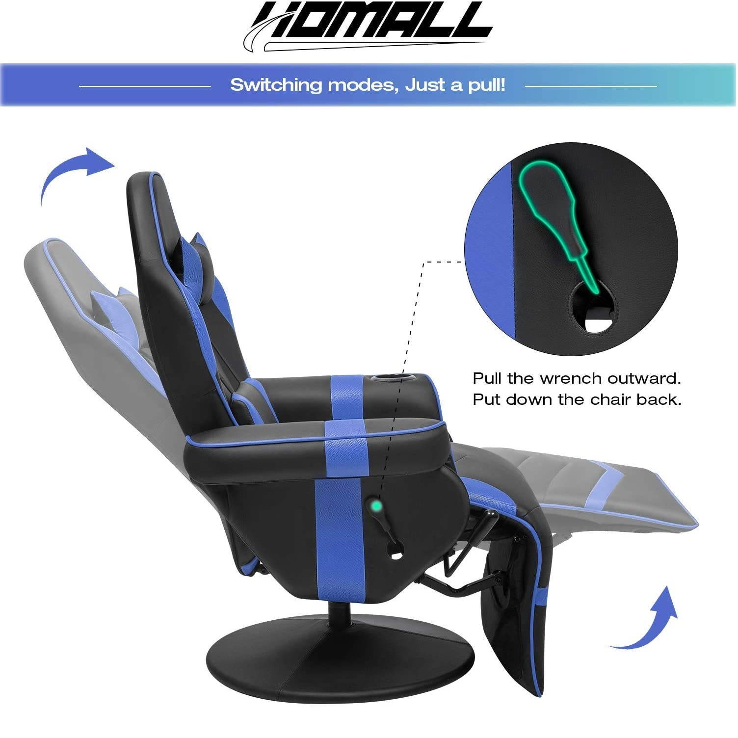 Homall Computer Racing Style PU Leather Ergonomic Adjusted Reclining Video Gaming Single Sofa Chair with Footrest Headrest and Lumbar Support (White)