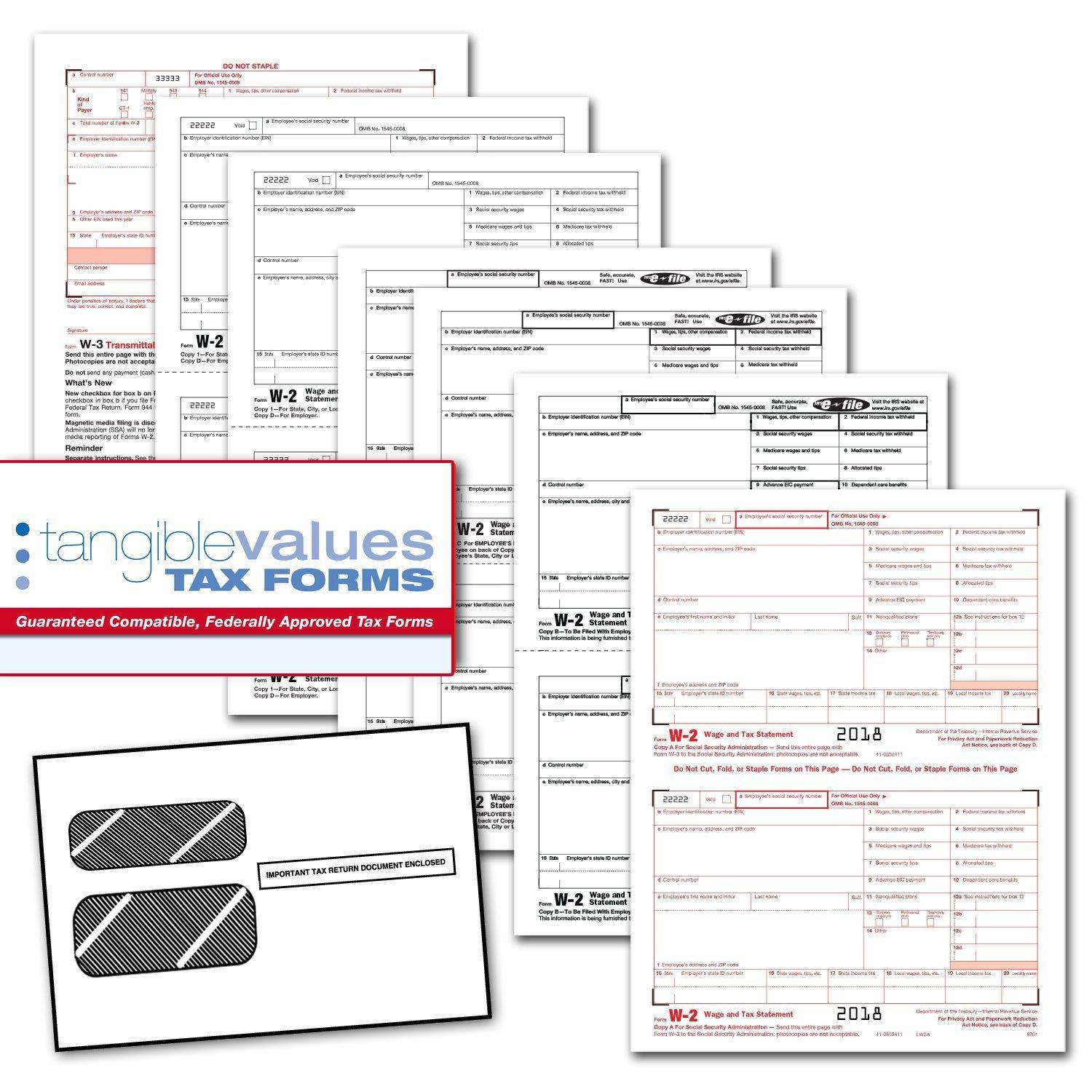 Tangible Values W-2 Laser Forms (6-Part) Kit with Envelopes for 50 Employees (2018)