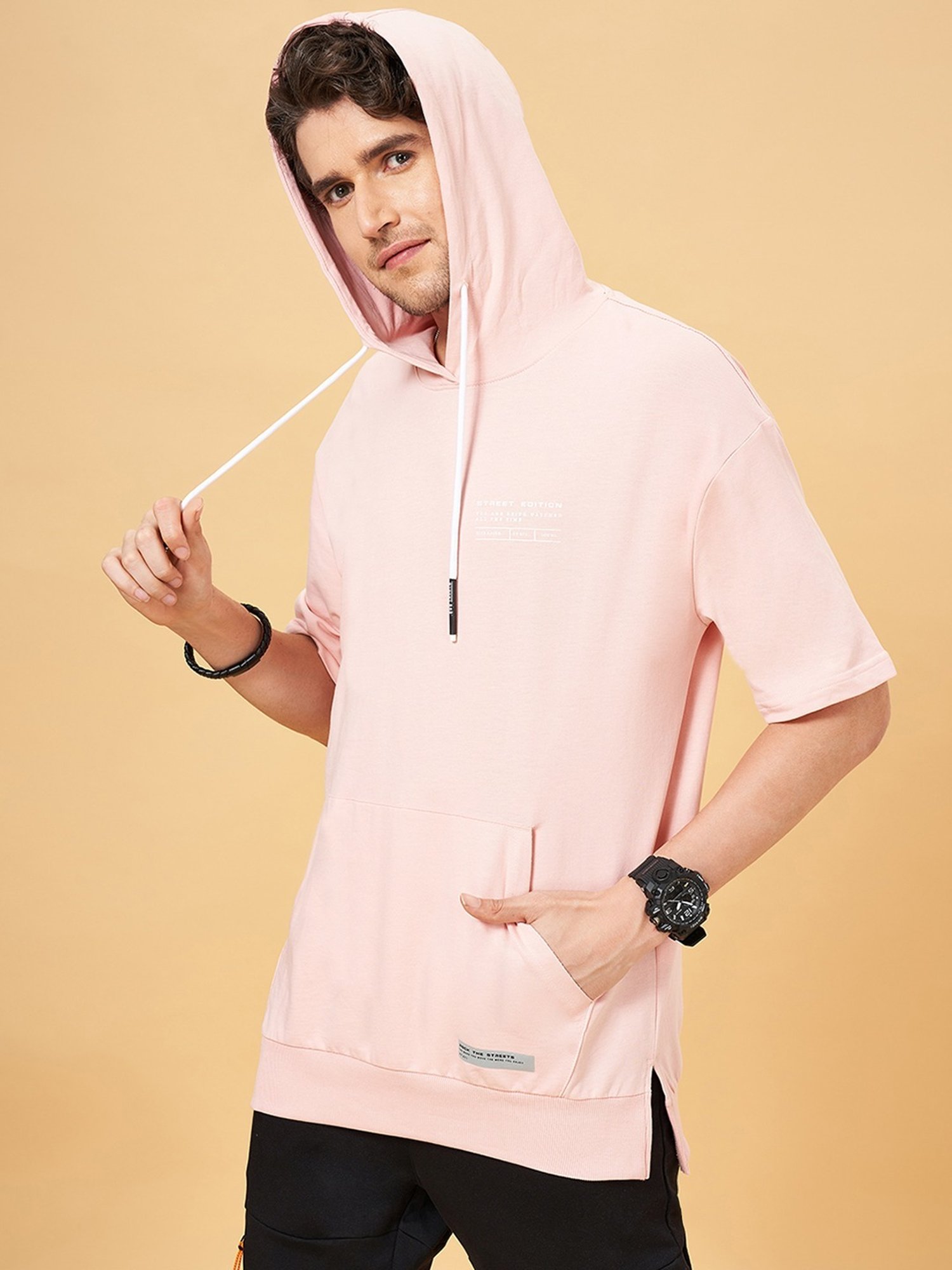Street 808 by Pantaloons Pastel Pink Cotton Regular Fit Hooded T-Shirt