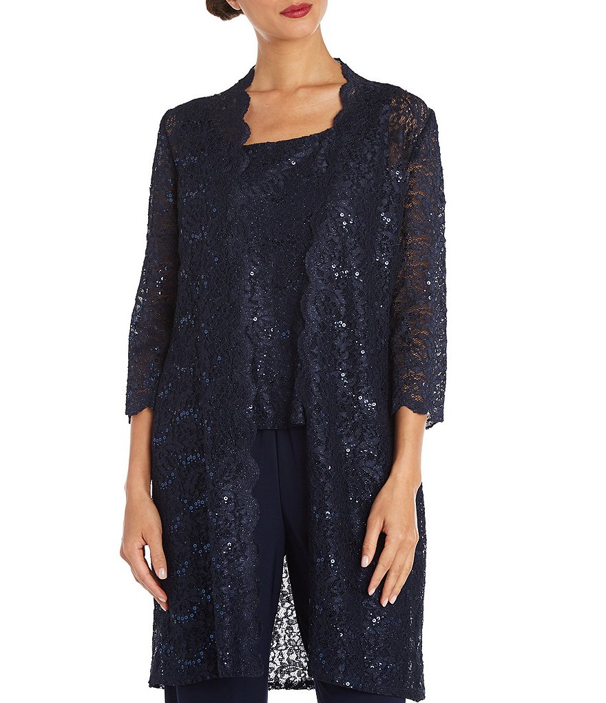 R & M Richards 3-Piece Sequin Glitter Scallop Lace Duster Pant Set
