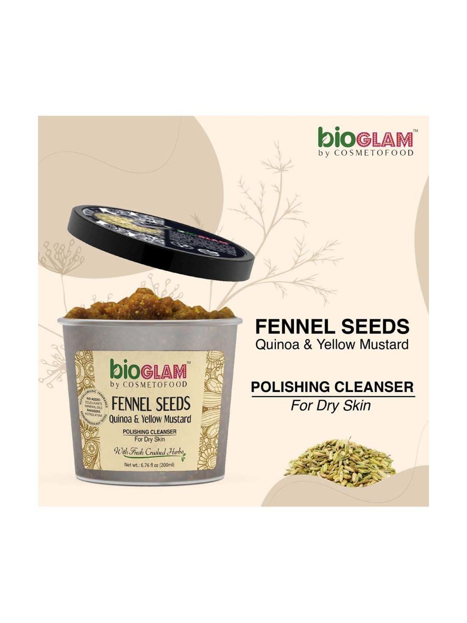 Cosmetofood Bioglam Fennel Seeds Quinoa & Yellow Mustard Polishing Cleanser For Dry Skin - 200 ml