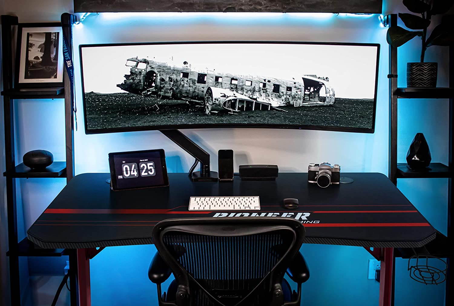 Devoko 43 Inch Gaming Desk T-Shaped PC Computer Table with Free Mouse Pad Carbon Fibre Surface Home Office Desk Gamer Table with Game Handle Rack Headphone Hook and Cup Holder (Black)