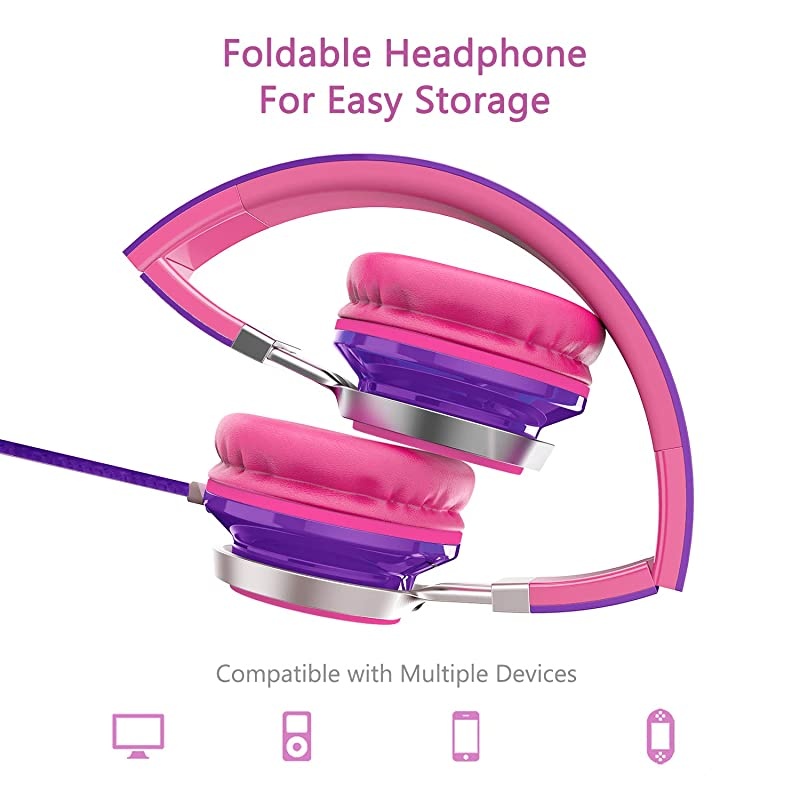 i39 Headphones with Microphone Foldable Lightweight Adjustable On Ear Headsets with 35mm Jack for Cellphones Computer MP34 Kindle School PurplePink