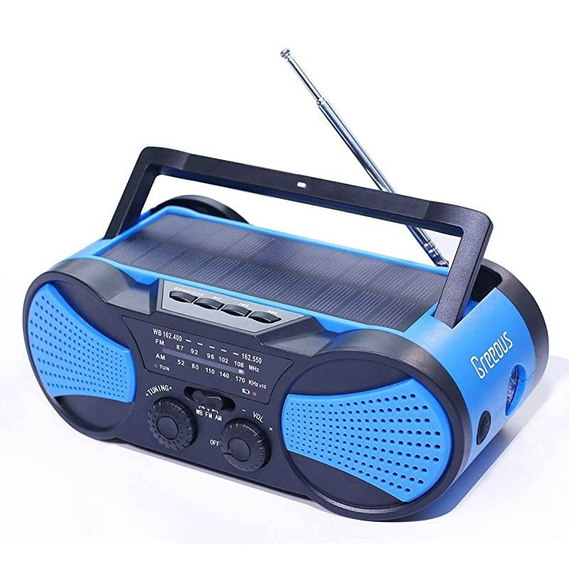 Hurricane Radio Weather RadioWaterproof Hand Crank SolarBattery Powered 4000mAh AMFMNOAASOS AlertPortable Emergency Cellphone ChargerMusic SpeakerFlashlight Reading LampBlue