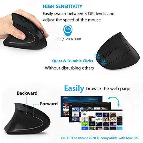 Left Handed Mouse, 7Lucky 2.4G Wireless LEFT HAND Ergonomic Vertical Mouse with Nano Receiver, Less Noise - Black