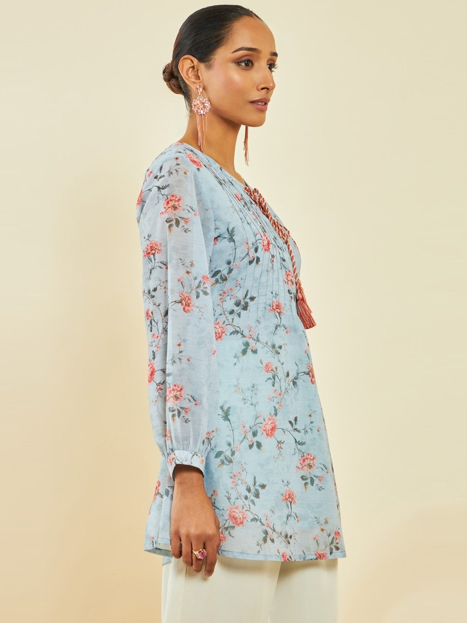 Soch Powder Blue Georgette Floral Print A-Line Tunic with Pintucks